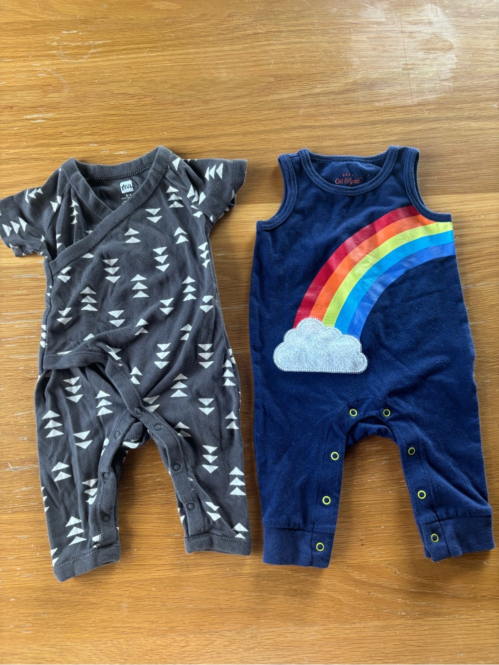 Cat & Jack Navy Rainbow Romper + Tea Collection Gray Geometric Snap Romper
